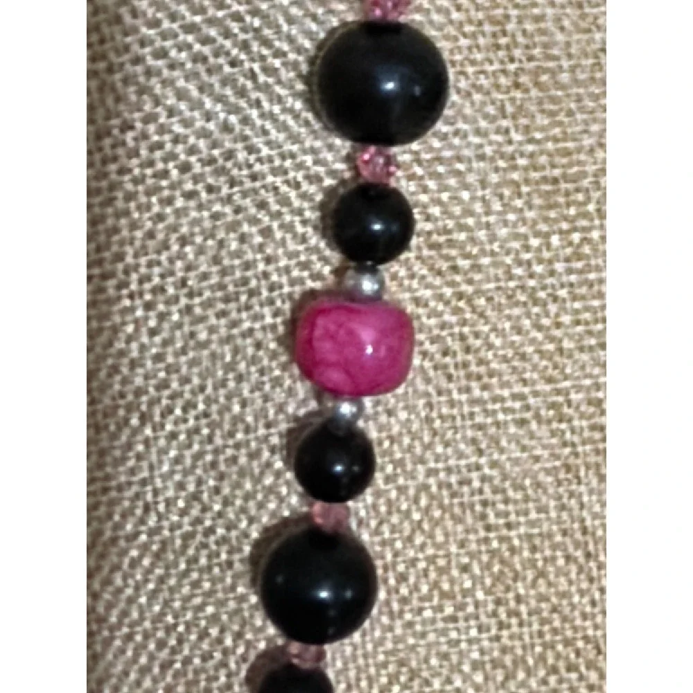Pink Black Beaded Statement Necklace Silver Tone Toggle Clasp‎ Y2k